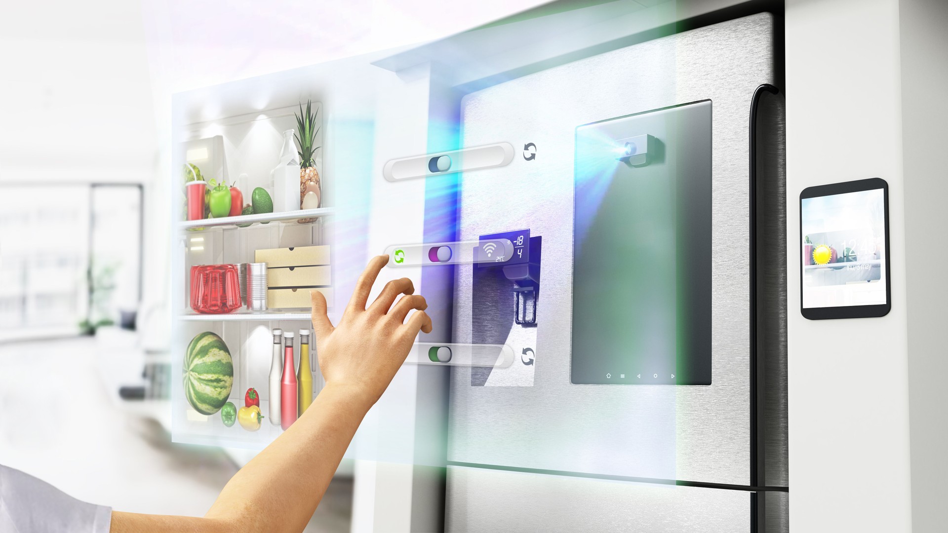 Hand controlling futuristic smart refrigerator with holographic control interface