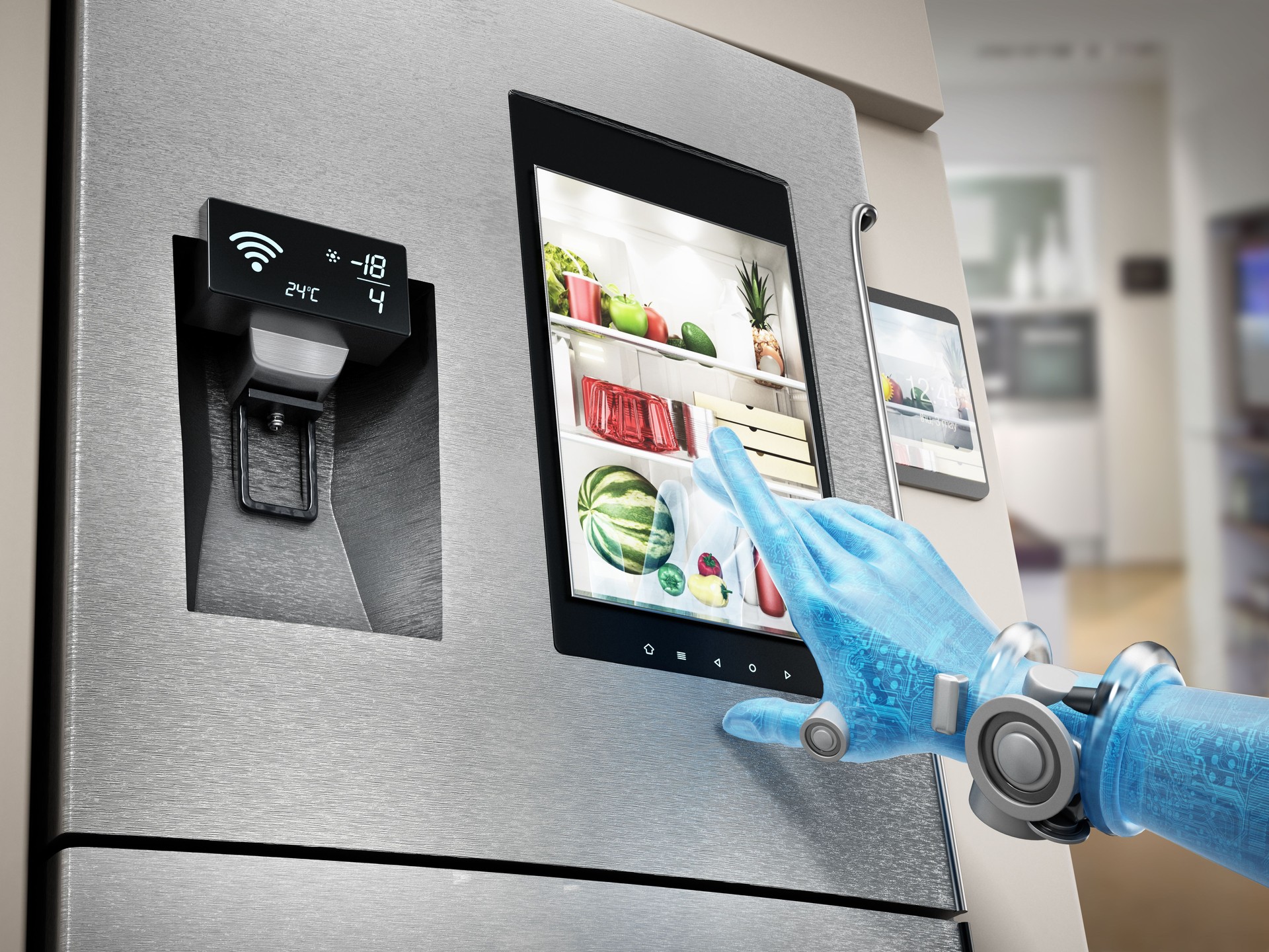 Android hand controlling smart refrigerator with LCD panel showing the inside without opening the door