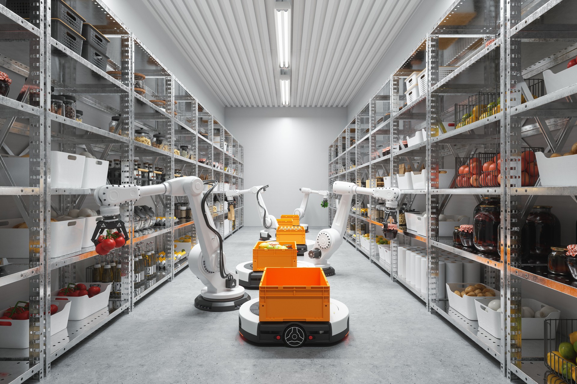 Storage Room Of A Restaurant Or A Cafe With Robot Arms Preparing Foods, Healthy Eating, Fruits And Vegetables.