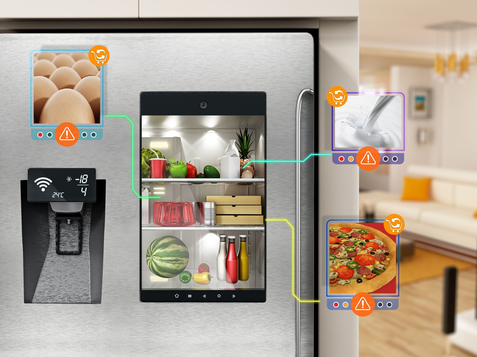 Android hand controlling smart refrigerator with LCD panel showing the inside without opening the door